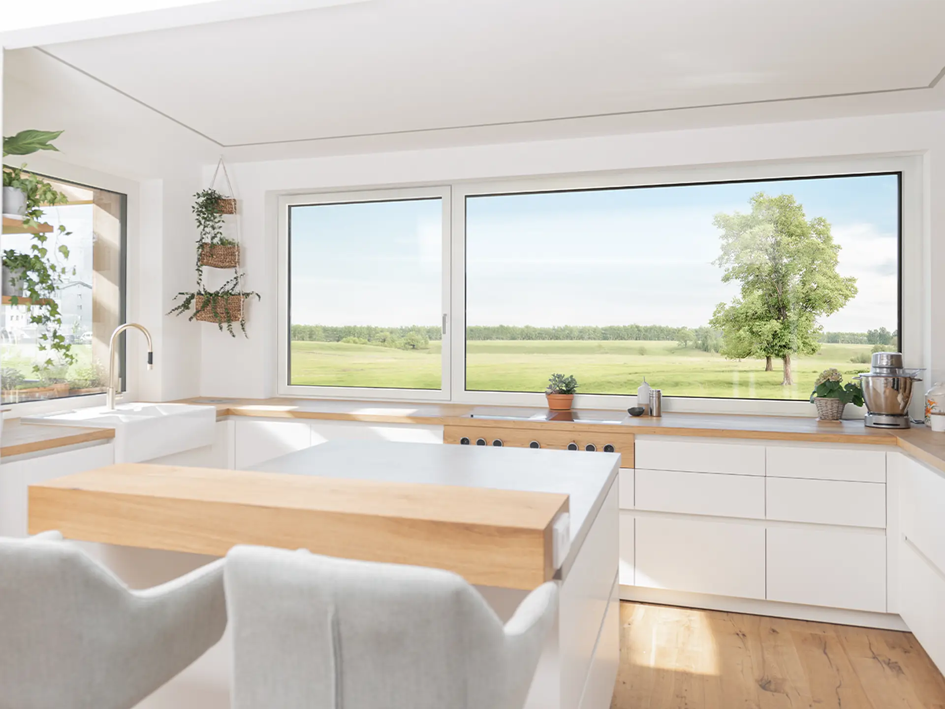 Bright kitchen with a large triple-glazed window
